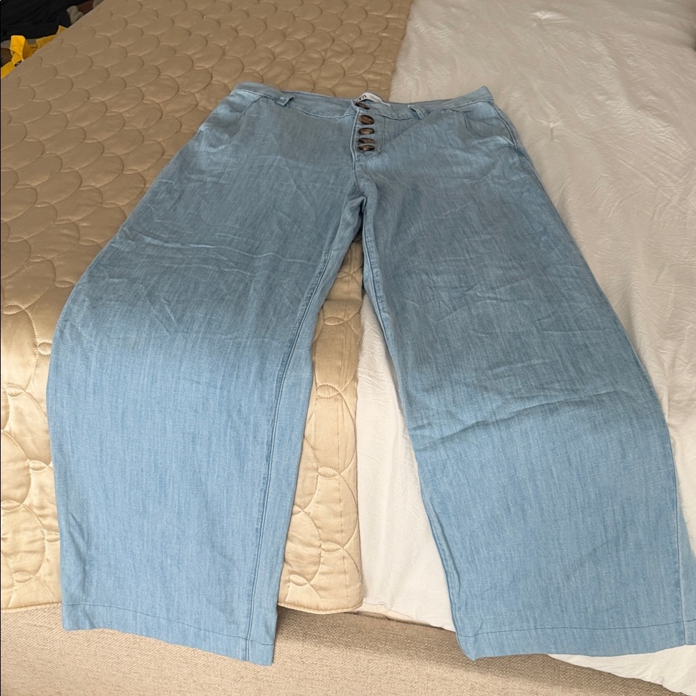 Zara Denim Blue Button-Up Trousers